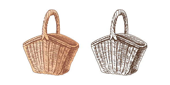 Hand-drawn colored and monochrome vector sketch of a wicker picnic basket. Doodle vintage illustration. Engraved image.