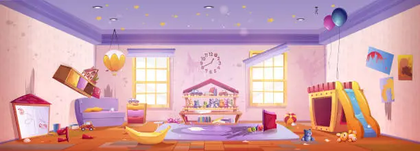 Vector illustration of Messy abandoned kindergarten room interior