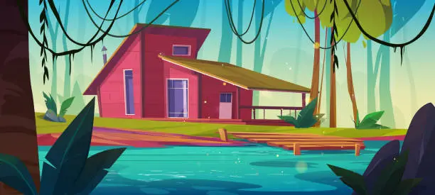 Vector illustration of Wooden house on shore of lake or river in forest.