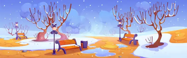 Vector illustration of Winter city public park with snow