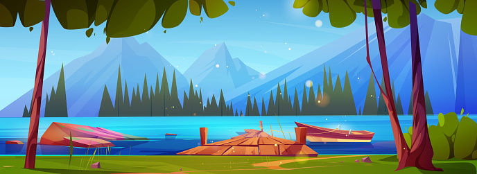 Wooden fishing boat docked at old pier on lake or river near rocky mountains. Cartoon vector landscape of water pond near stone hills, trees and firs on shore, vessel near bridge made of wood.