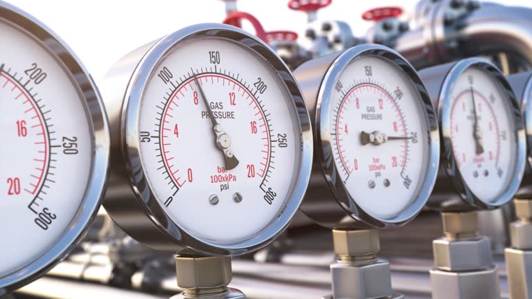 Row of gas pression gauge meters on gas pipeline. Gas extraction, production, delivery and supply concept.