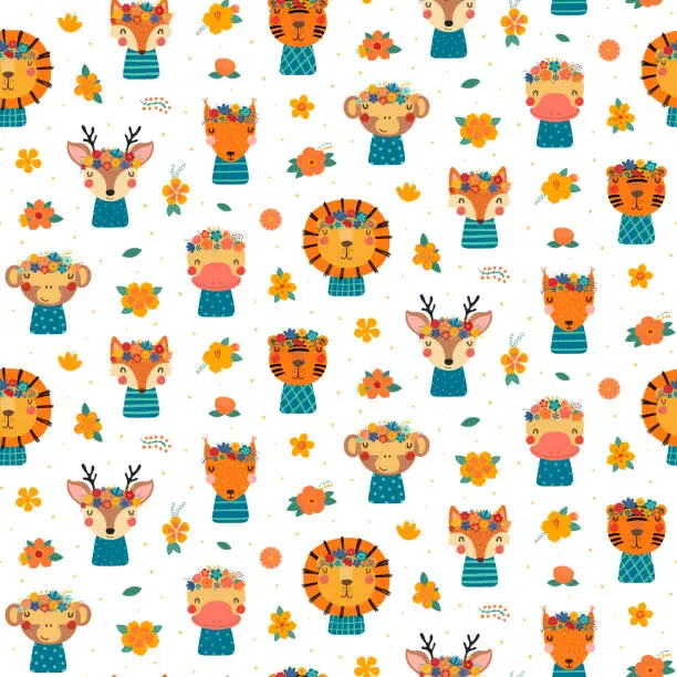 Vector illustration of Cute animals in flower crowns seamless pattern