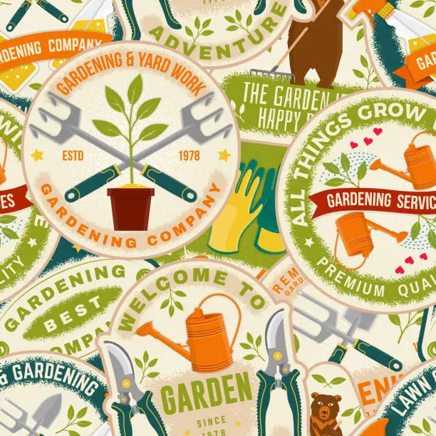 Vector illustration of The garden is my happy place emblem, patch, sticker. Vector illustration. For sign, patch, shirt design bear with rake, seedlings, bee, gardening equipment.