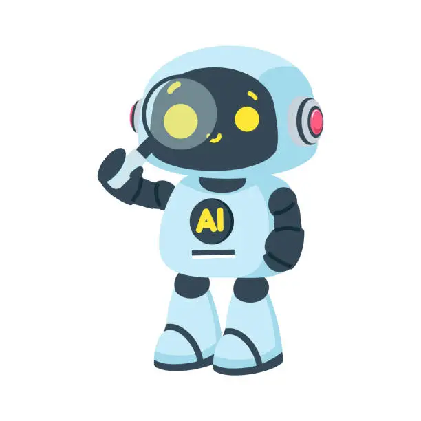 Vector illustration of Cute robot character with magnifying glass