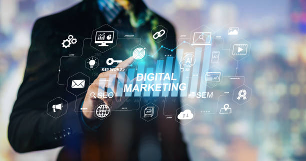 istock Digital marketing business technology. Website advertisement email social media network, SEO, SEM video and mobile application icons in virtual screen. 1969854504