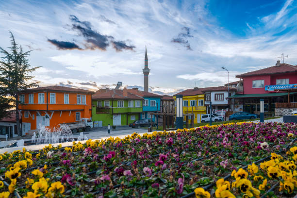 Sivrihisar, Eskisehir, Turkey - December 24 2023: Traditional Turkish houses in different colors