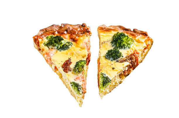 istock Homemade quiche tart with red fish and broccoli.  Isolated on white background. Top view. 1969856218