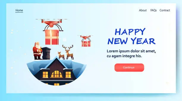 Vector illustration of santa claus with delivery drones carrying gift box on snowy house roof merry christmas happy new year winter holidays airmail concept