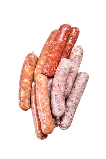 Assorted raw chorizo sausages.  Isolated on white background. Top view