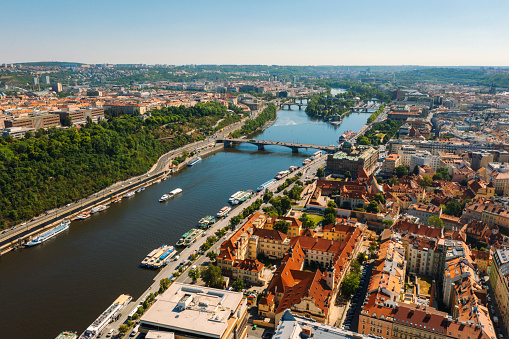 eiserner Steg, famous iron footbridge crosses river Main in Frankfurt with skyline in morning light