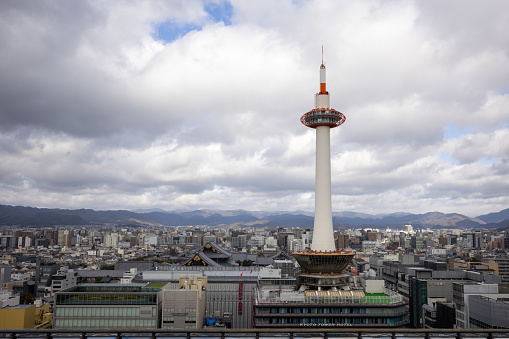 Kyoto, Japan - January 15, 2024 : Kyoto cityscape with Kyoto Tower in Japan. Kyoto Tower is the tallest structure in Kyoto.