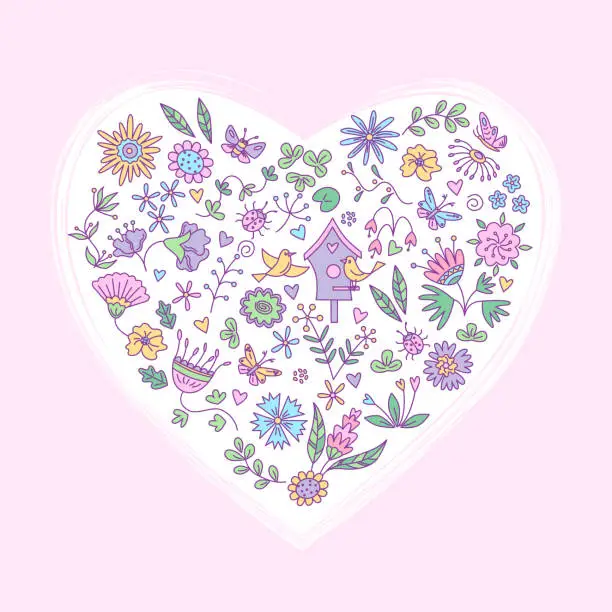 Vector illustration of Greeting card with heart shape with floral elements. Vector  color illustration in doodle style.