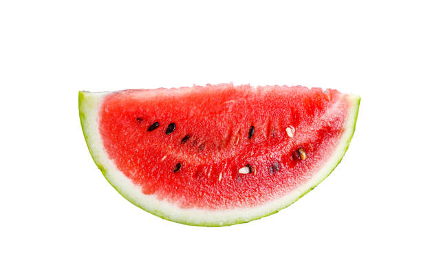 istock Red ripe watermelon with cut-out slices.  Isolated on white background. Top view. 1969914408
