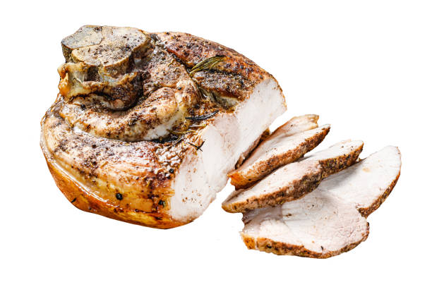 istock Roasted sliced pork ham.  Shank meat.   Isolated on white background. Top view. 1969915487