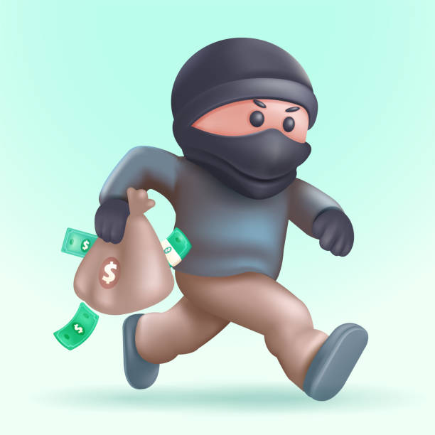 illustrazioni stock, clip art, cartoni animati e icone di tendenza di ladro mascherato che trasporta una borsa di denaro. vettore 3d, adatto per elementi di design - thief criminal carrying burglar