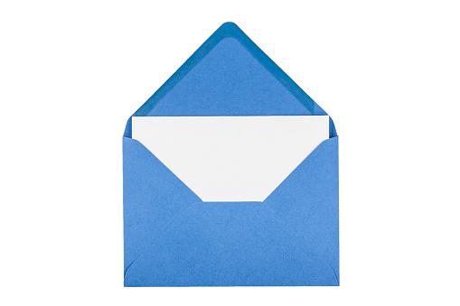 Empty white greeting card in a blue envelope isolated on a white background
