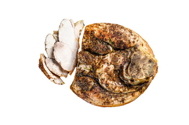 istock Roasted sliced pork ham on a plate.  Shank meat.   Isolated on white background. Top view. 1969941969