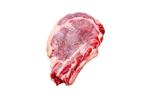 Ribeye steak. Raw Marble beef black Angus, rib eye.  Isolated on white background. Top view