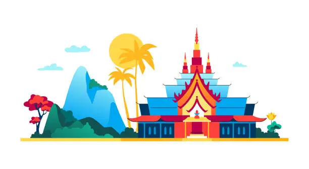 Vector illustration of Wat Phra Kaew temple - modern colored vector illustration