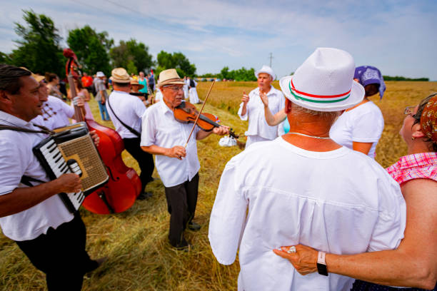 Muzlja, Vojvodina, Serbia, - July 01, 2023; Musicians are play music before start reaping wheat manually in a traditional rural way.