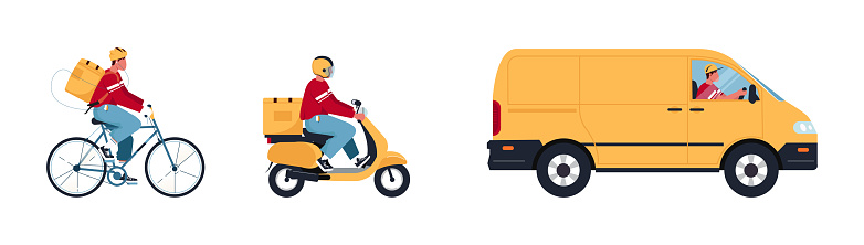 Online delivery concept, takeaway food delivery service.Couriers and delivery man on mopeds and bikes delivering online orders. Online order tracking, home and office delivery. Vector illustration