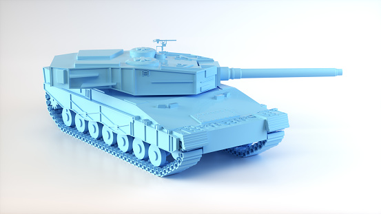 Blue Military Tank Leopard on a White Studio Background. Military Equipment Concept. 3D Render.