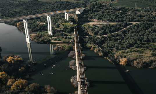 Drone view road bridge IP8 and old railway bridge in Serpa Portugal