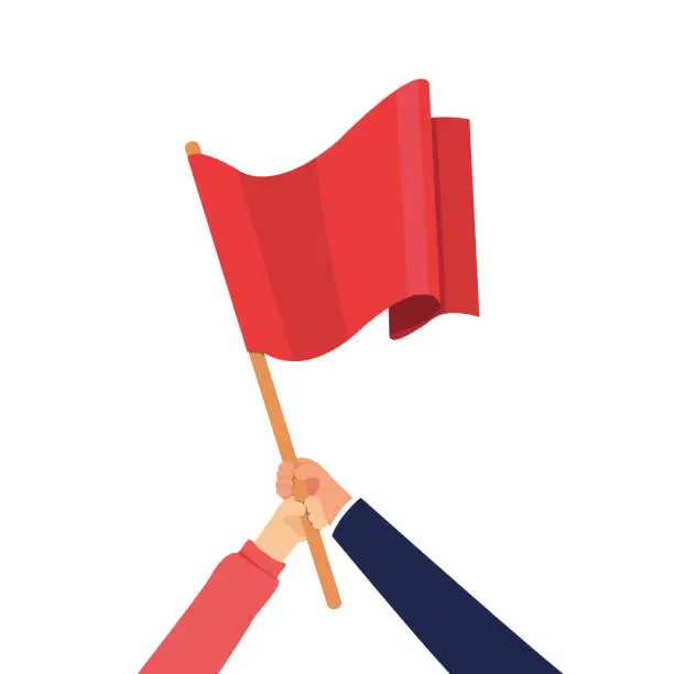 Vector illustration of Hands holding red flags together.  Human hands Holding up flags.