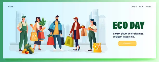 Vector illustration of people buyers holding shopping bags with fruits and vegetables organic natural food eco local grown products world vegetarian day
