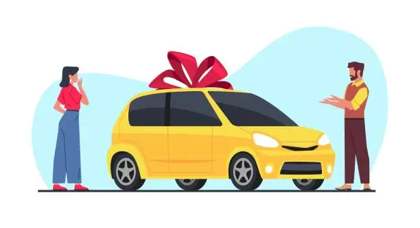 Vector illustration of Man gives woman car as gift. Birthday surprise, automobile lottery prize, auto with red bow. Passenger personal city transport. Give congratulations. Cartoon flat isolated vector concept