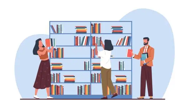 Vector illustration of Library staff put books on shelves. Men and women near bookshelf. Shop workers. Knowledge and education. Reading people. Happy bookworms. Cartoon flat style isolated vector concept