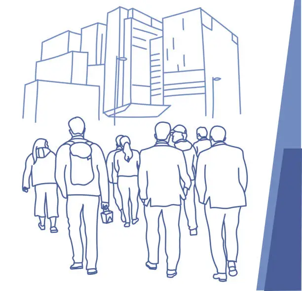 Vector illustration of Sidewalk Crowd Financial District Blue