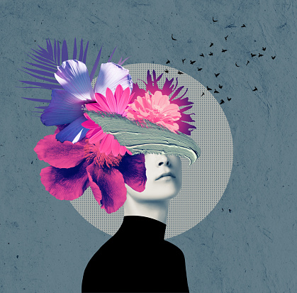 Abstract contemporary art design or portrait of young woman with flowers on face hides her eyes