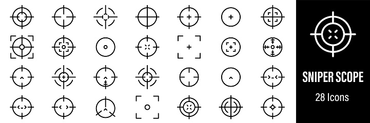 Sniper Aim Web Icons. Sniper Crosshair, Sniper Target, Military Sniper Scope, Optical, Bullseye. Vector in Line Style Icons