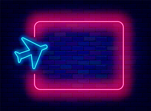 Sky journey neon advertising. Summer vacation. Empty pink frame and plane symbol. Duty free and airport sign. Travel agency. Copy space. Glowing flyer. Editing text. Vector stock illustration