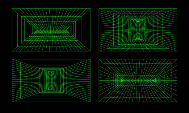 Wireframe Art Geometry wireframe grid backgrounds in neon green color isolated on black. Room projection grids in futuristic 3d style. box plot graph stock illustrations
