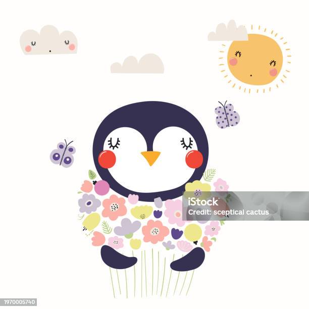 Spring Time Penguins Cute Penguin With Flowers Stock Illustration - Download Image Now ...