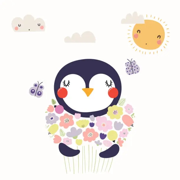Vector illustration of Cute penguin with flowers