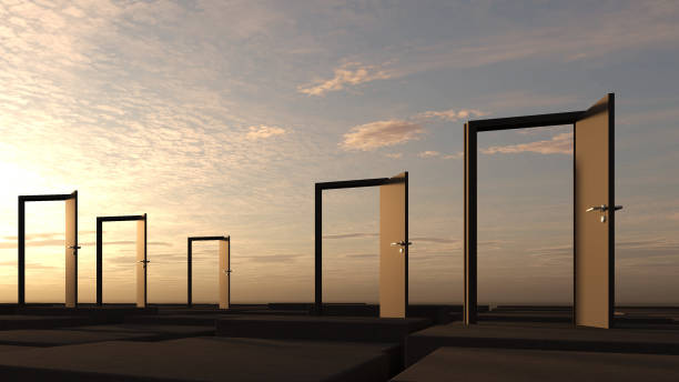 istock abstract business symbol with doors and cloud-sky - 3D Illustration 1970005743