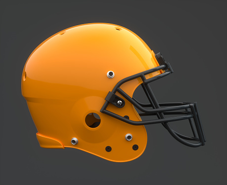 Orange American Football Helmet on a Mono Colored Gray Studio Background. Sports Concept. 3D Rendering.