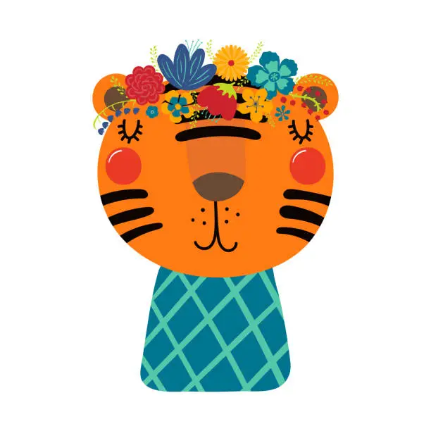 Vector illustration of Cute funny tiger in floral wreath, t-shirt. Hand drawn cartoon character illustration. Scandinavian style flat design, isolated vector. Kids print element, flower crown, summer blooms, blossoms