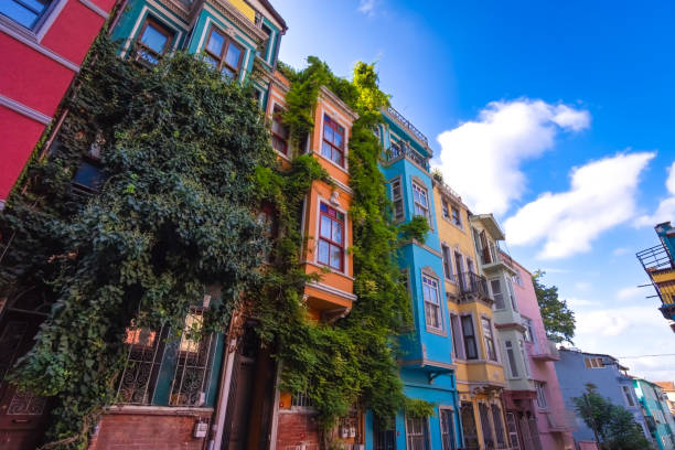 colorful houses on the balat are popular among tourists on a sunny day. balat is a quarter in istanbul's fatih district. istanbul, turkey - balat stok fotoğraflar ve resimler