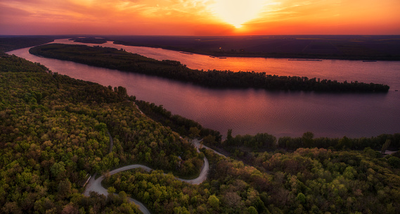 Aerial view of sunset over Danube River, Ruse, Bulgaria