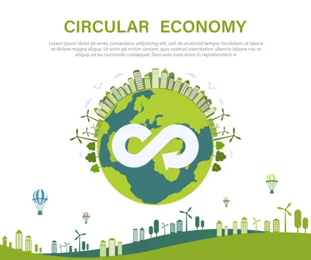 Vector illustration of circular economy concept For future business growth with world sustainable consumption and environment . green vector illustration