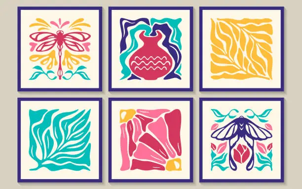 Vector illustration of Abstract groovy square posters with flowers, butterfly, dragonfly in Fauvist style style