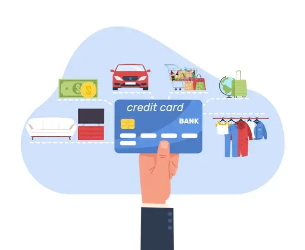 Vector illustration of Hand holds credit card with ability to make payments for cars and clothes. Customer paying for travel. Buy furniture and food products. Loan for purchases. Cash money. Vector concept