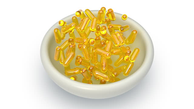 3D animation, Omega 3 gold fish oil capsules are dropping, Capsule gold oil gel supplement, Omega 3 fish oil, healthcare pharmacy medical concept