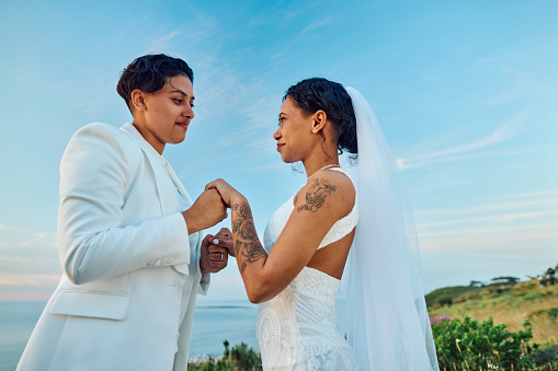 In the warm embrace of dusk, two brides share a moment of closeness amidst a field of wildflowers, with the ocean's expanse behind them, symbolizing the vast journey ahead.
