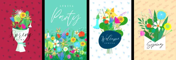 Vector illustration of Hello spring abstract flowers bouquet and meadow poster. Floral hand drawn art march women holiday placard set. Springtime artistic print. Springtime herbal plants postcard. Vector illustration